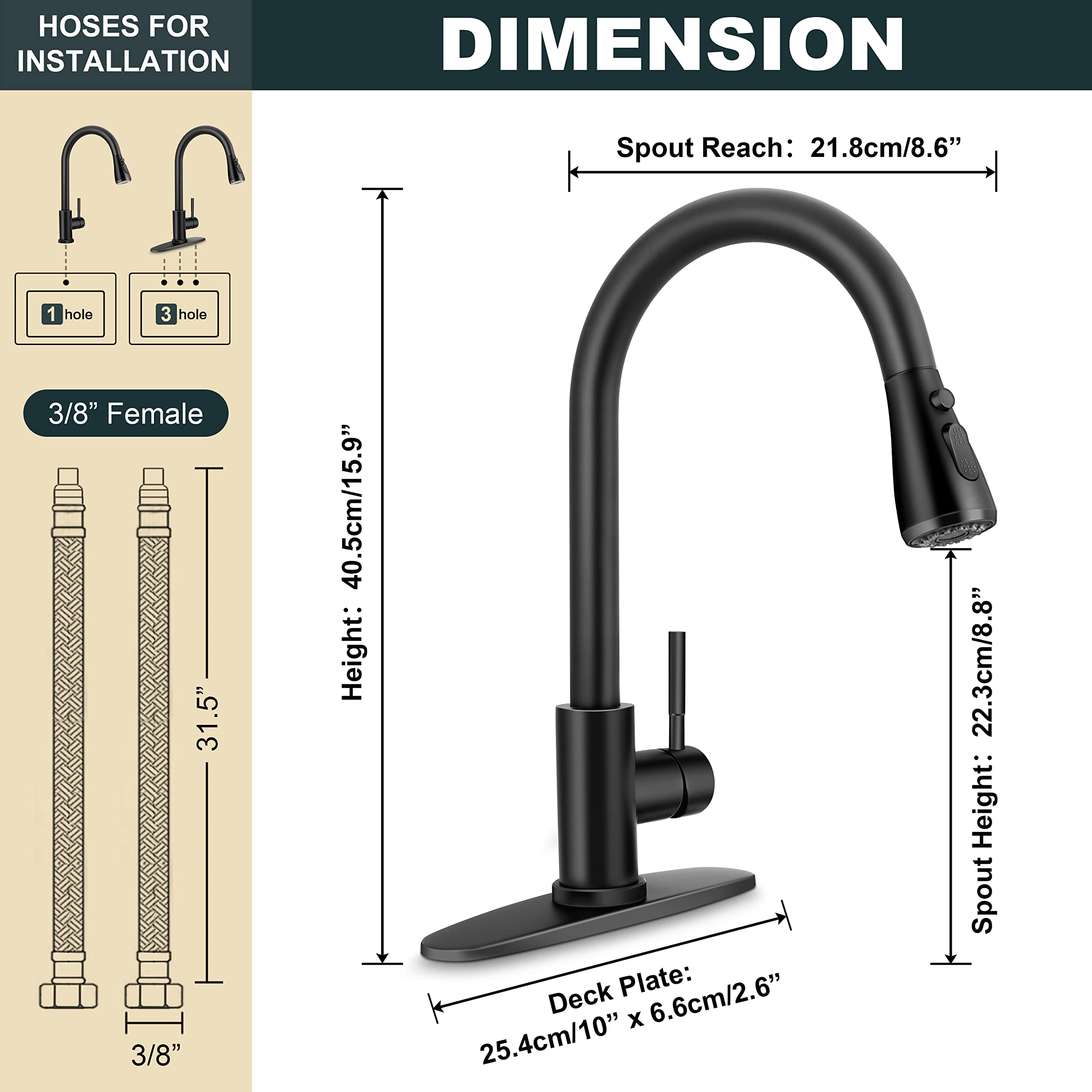 Herogo Kitchen Faucets With Pull Down Sprayer Matte Black, Stainless Steel High Arc Single Handle Modern 3-Function Pull Out Kit